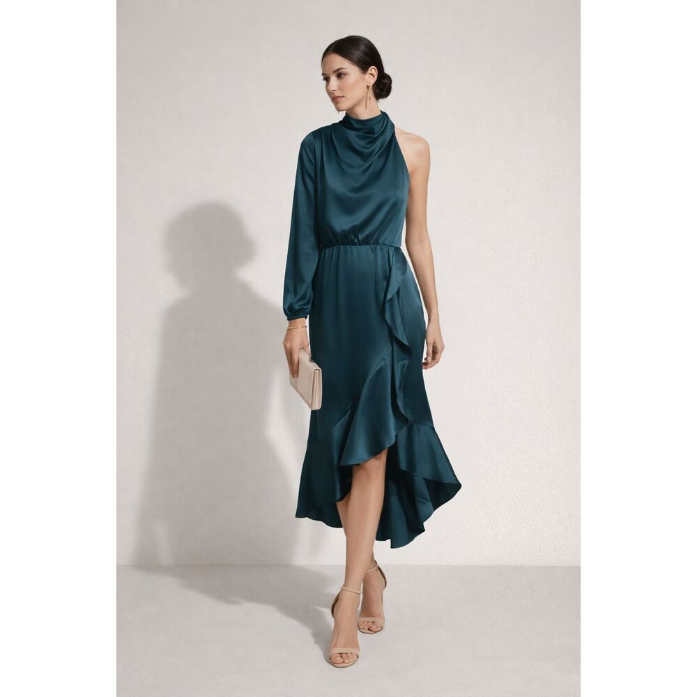 Teal Satin One Shoulder Mock Neck Cocktail Dress Asymmetrical Ruffle Hem Size 6